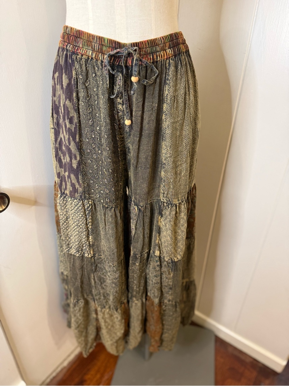 Young Threads Boho Tiered Patchwork Pants in Olive Multi Sz L